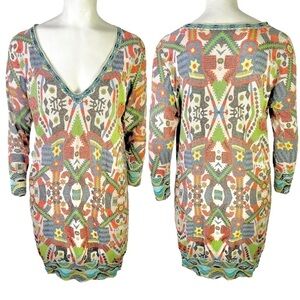CUSTO BARCELONA MULTICOLOUR AZTEC BODYCON DROP SHOULDER BELT DRESS LARGE